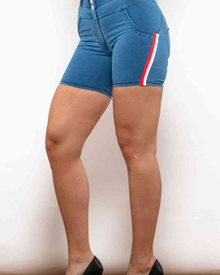 Full Size Side Stripe Buttoned Denim Shorts