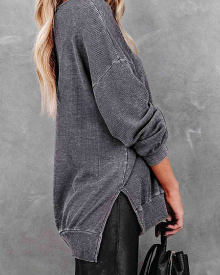 Waffle Knit Side Slit Drop Shoulder Sweatshirt