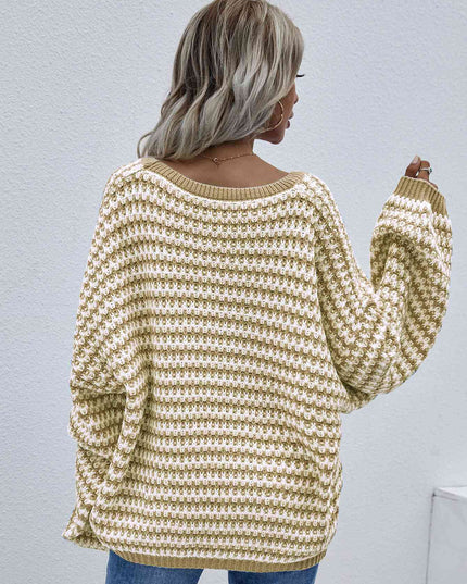 Striped Drop Shoulder V-Neck Pullover Sweater