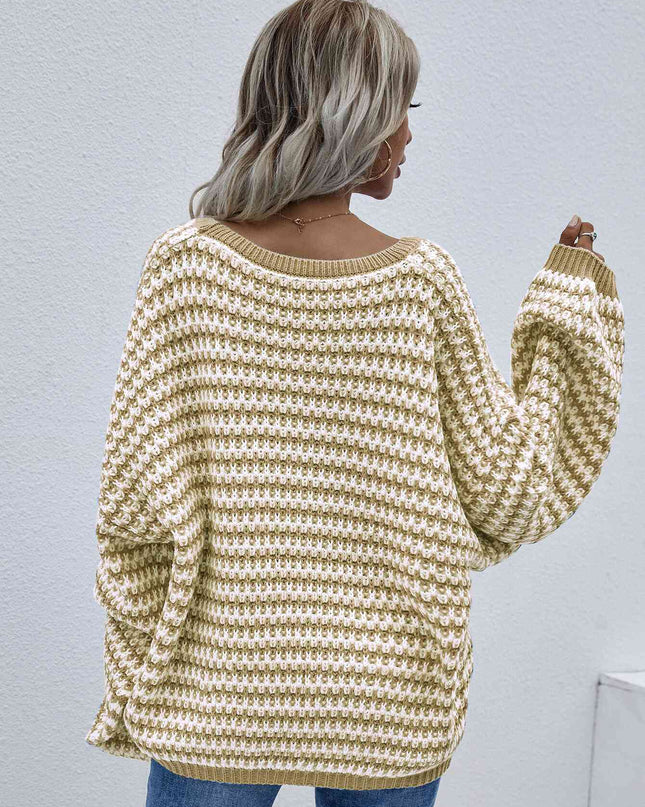 Striped Drop Shoulder V-Neck Pullover Sweater