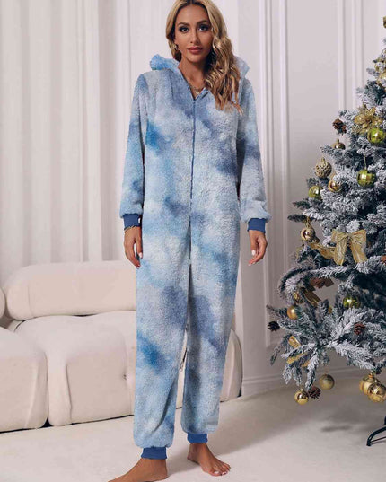 Zip Front Long Sleeve Hooded Teddy Lounge Jumpsuit