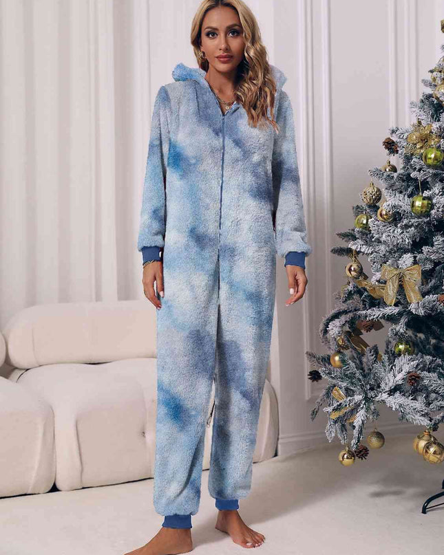 Zip Front Long Sleeve Hooded Teddy Lounge Jumpsuit