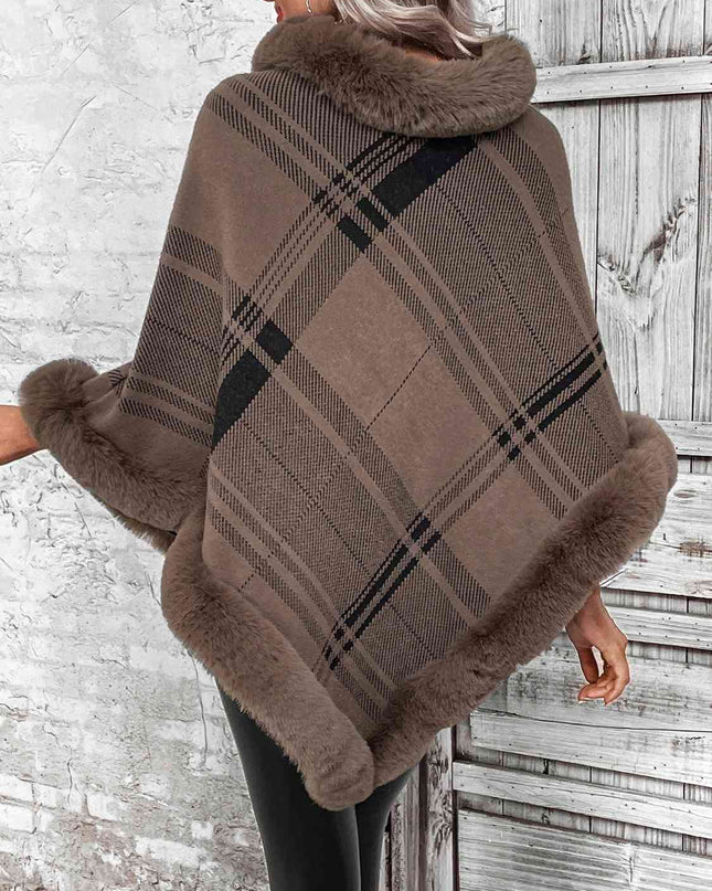 Plaid Faux Fur Trim Poncho