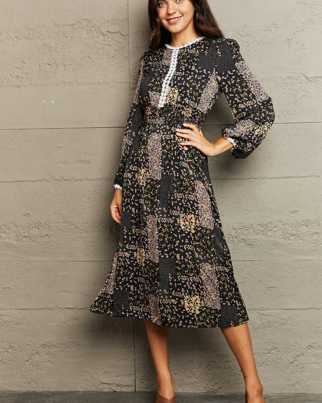 Printed Long Sleeve Round Neck Dress