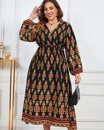 Plus Size Printed V-Neck Surplice Neck Dress