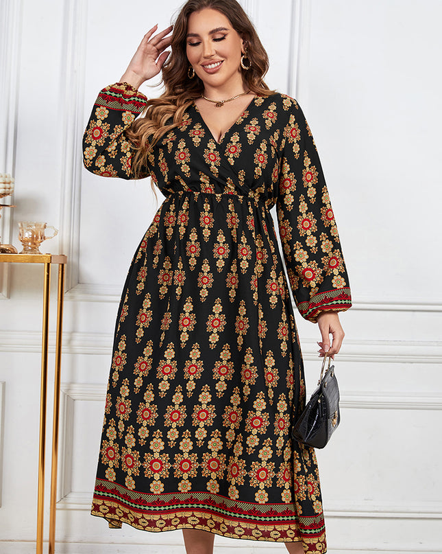 Plus Size Printed V-Neck Surplice Neck Dress