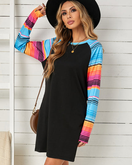 Striped Long Raglan Sleeve Round Neck Dress