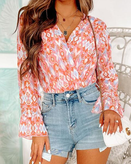 Printed Surplice Neck Frill Trim Bodysuit