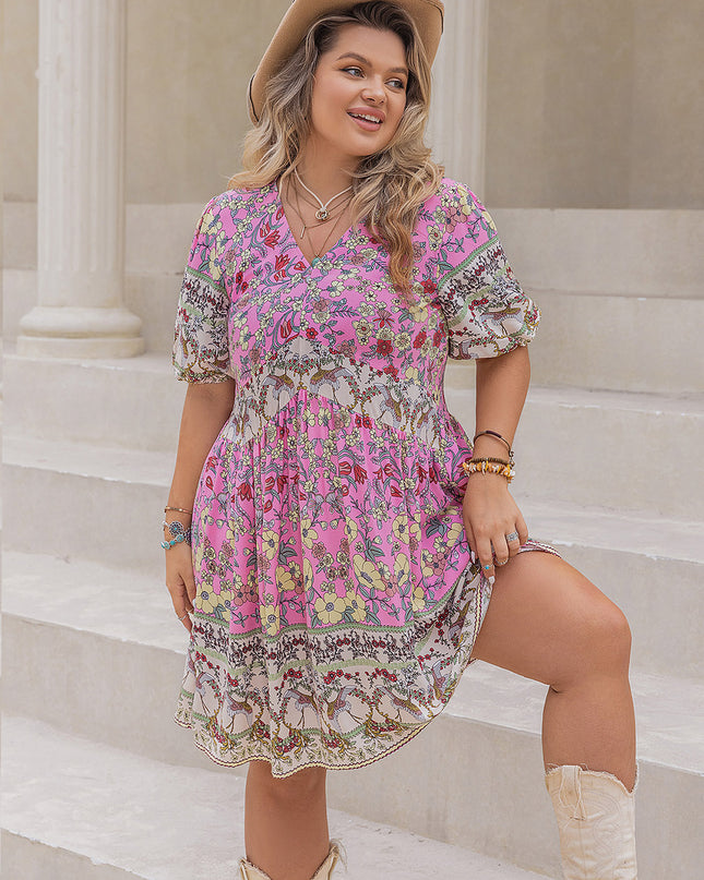 Plus Size Printed V-Neck Short Sleeve Dress