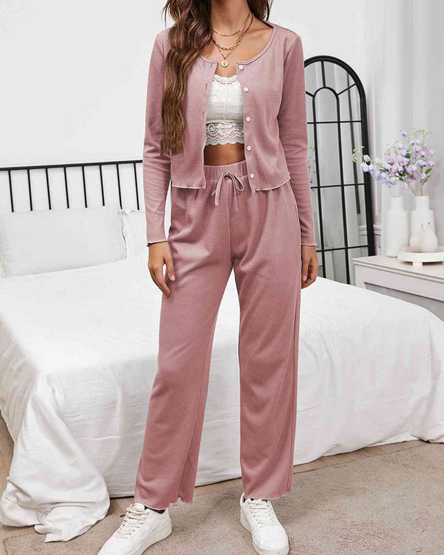 Button Front Long Sleeve Top and Pants Lounge Set