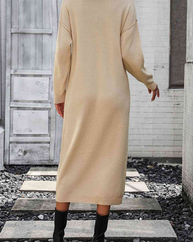Notched Neck Dropped Shoulder Button-Down Midi Dress