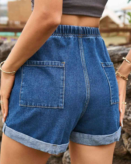 Drawstring High Waist Denim Shorts with Pockets