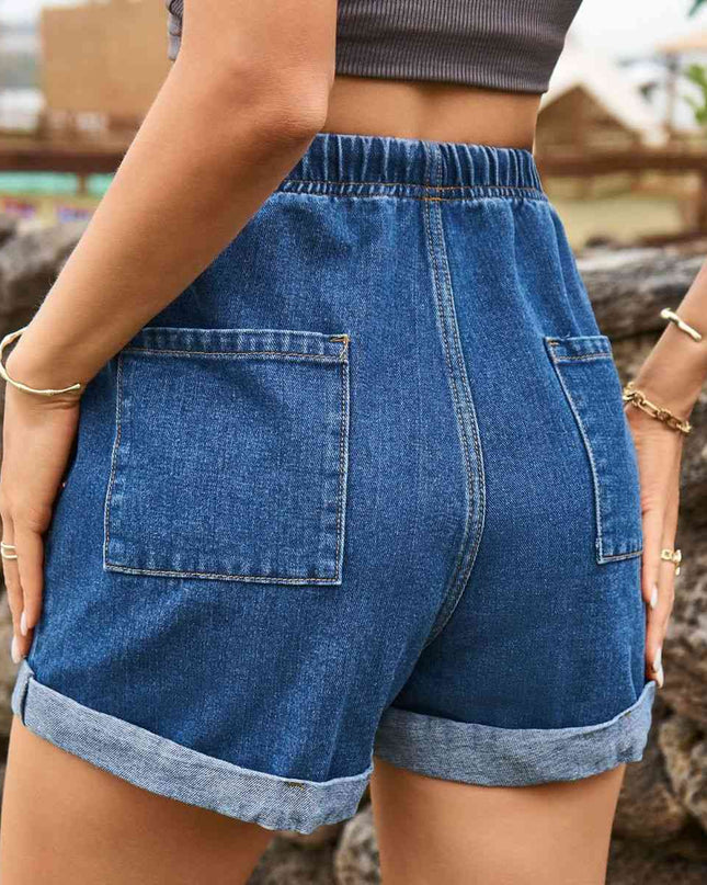 Drawstring High Waist Denim Shorts with Pockets