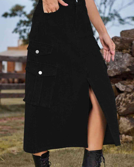 Slit Front Midi Denim Skirt with Pockets