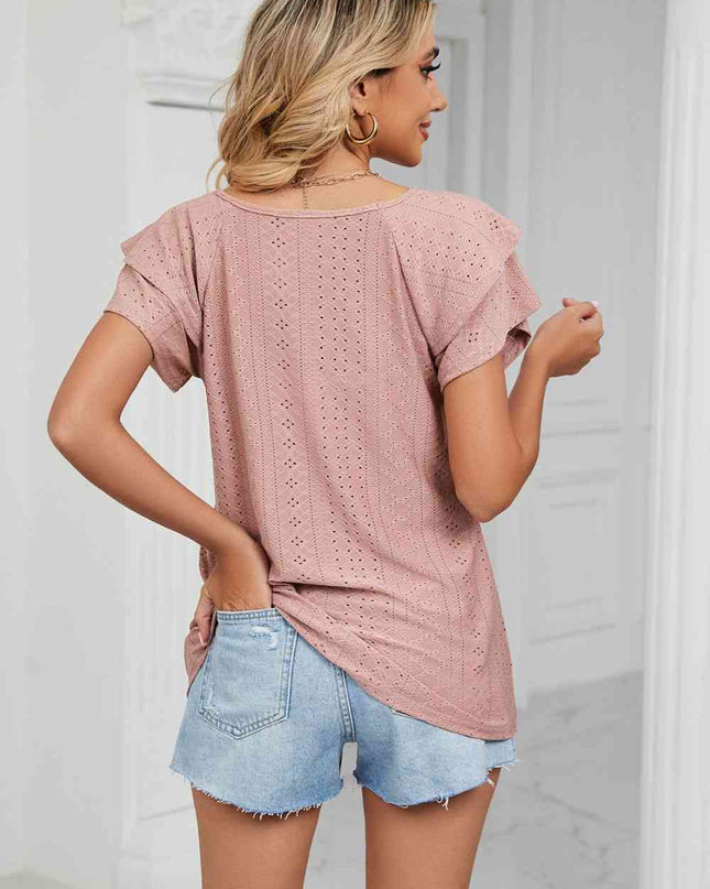 Eyelet Layered Flutter Sleeve V-Neck Knit Top