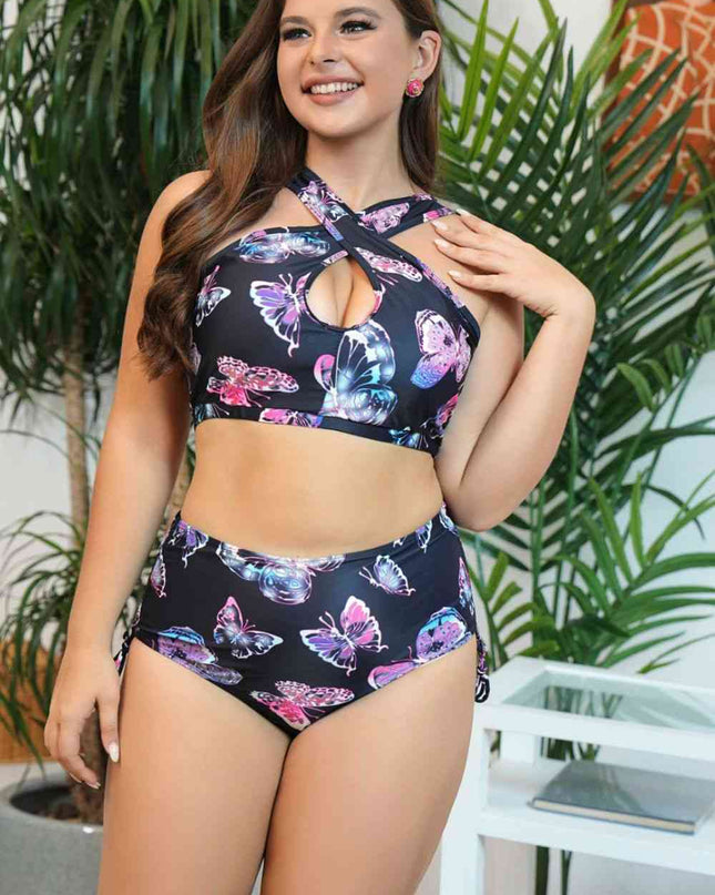 Plus Size Butterfly Print Crisscross High Waist Two-Piece Swim Set