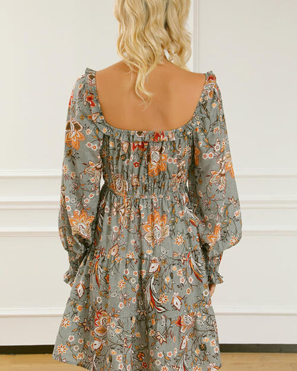 Printed Smocked Lantern Sleeve Tiered Dress