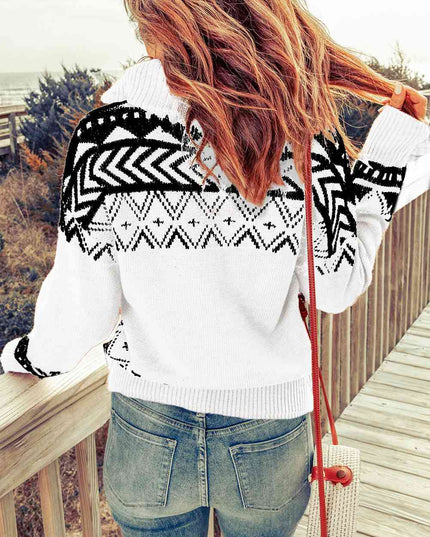 Zip-Up Mock Neck Dropped Shoulder Pullover Sweater
