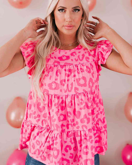Leopard Round Neck Tiered Blouse