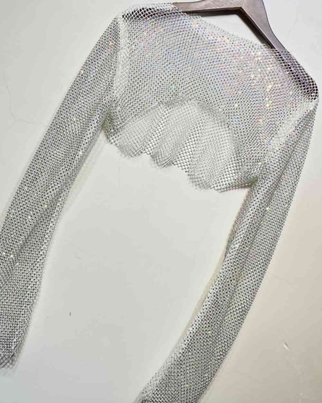 Rhinestone Openwork Long Sleeve Cropped Top