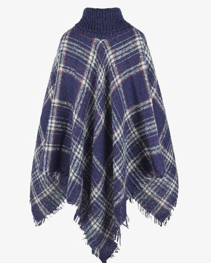 Plaid Turtleneck Fringe Hem Poncho
