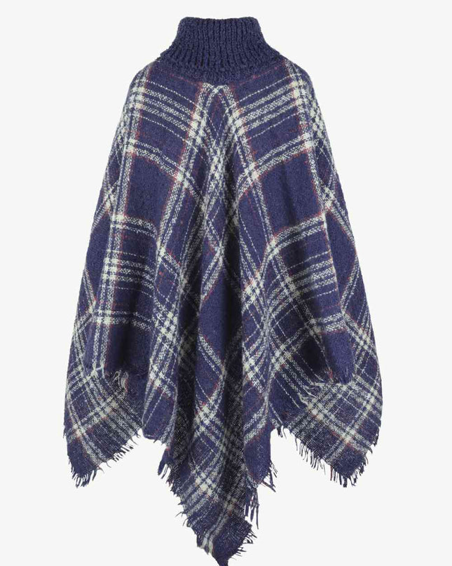 Plaid Turtleneck Fringe Hem Poncho
