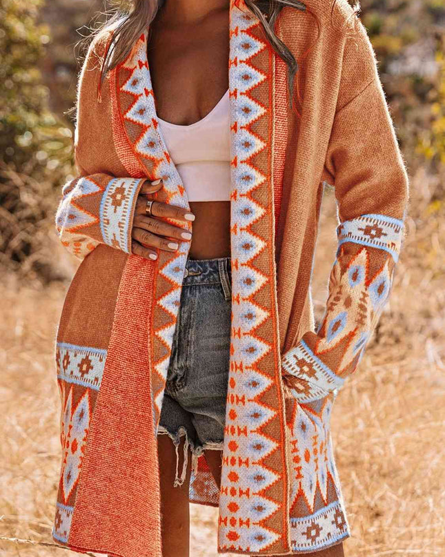 Plus Size Geometric  Open Front Cardigan with Pockets