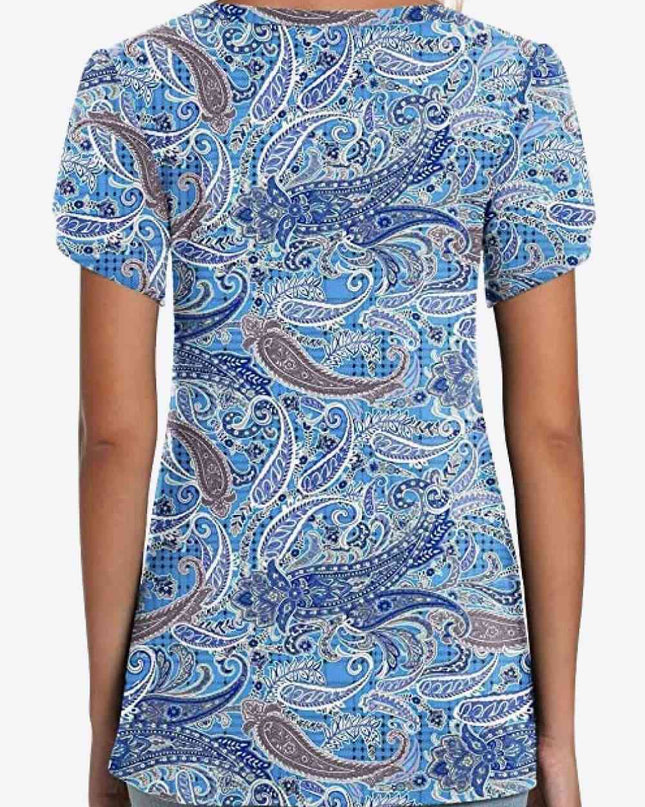Printed Petal Sleeve V-Neck Blouse