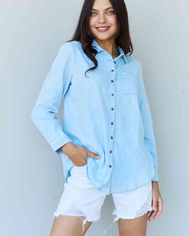 Doublju Blue Jean Baby Denim Button Down Shirt Top in Light Blue