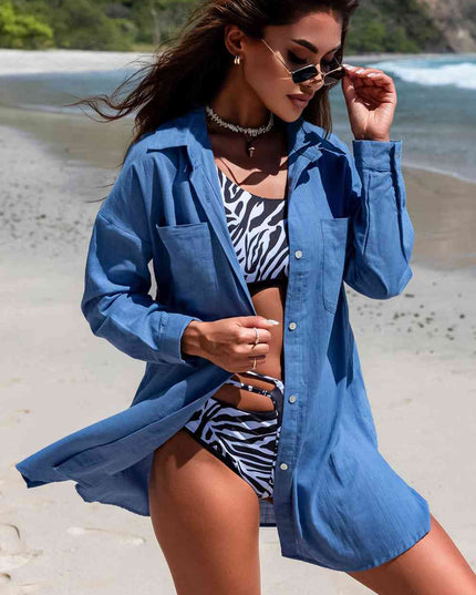 Button-Up Longline Shirt with Breast Pockets