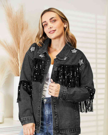 Fringe Detail Long Sleeve Denim Jacket
