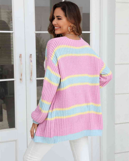 Color Block Ribbed Dropped Shoulder Open Front Cardigan