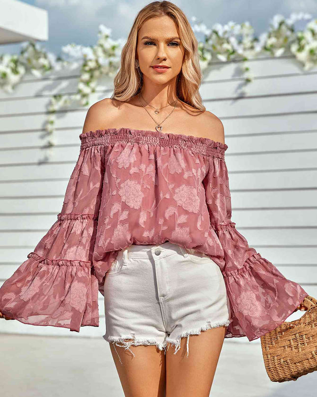 Applique Flounce Sleeve Off-Shoulder Blouse