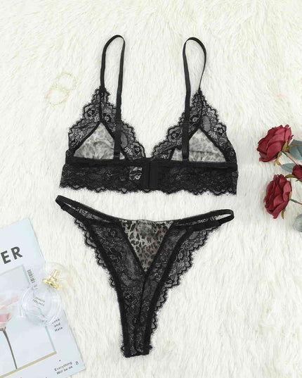 Leopard Print Spliced Lace Bra and Panty Set