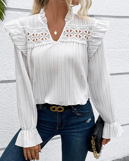 Textured Ruffle Trim Long Sleeve Blouse