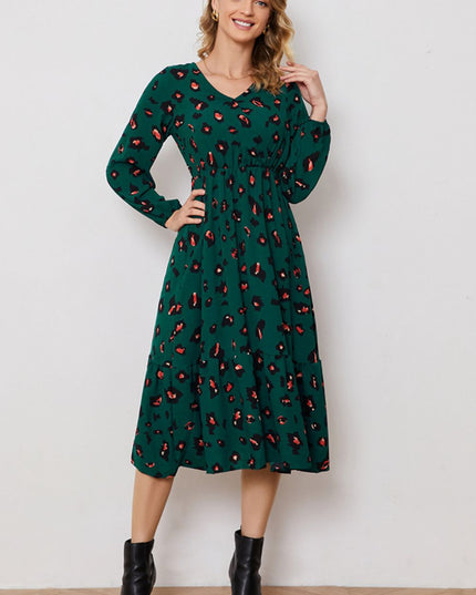 Printed Surplice Neck Long Sleeve Dress