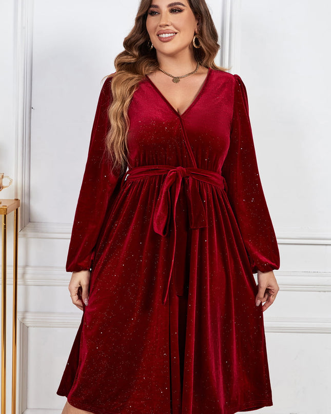 Melo Apparel Plus Size Surplice Neck Balloon Sleeve Tie Belt Midi Dress