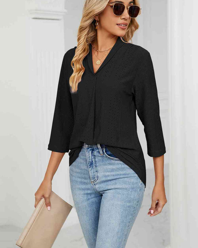 Eyelet Three-Quarter Sleeve Blouse
