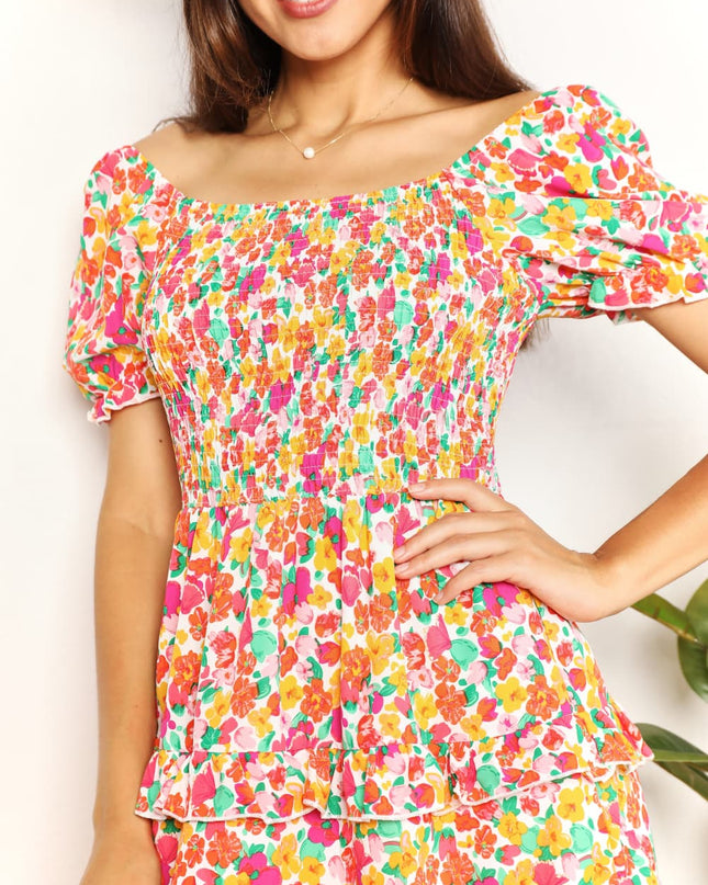 Double Take Smocked Sweetheart Neck Flounce Sleeve Mini Dress