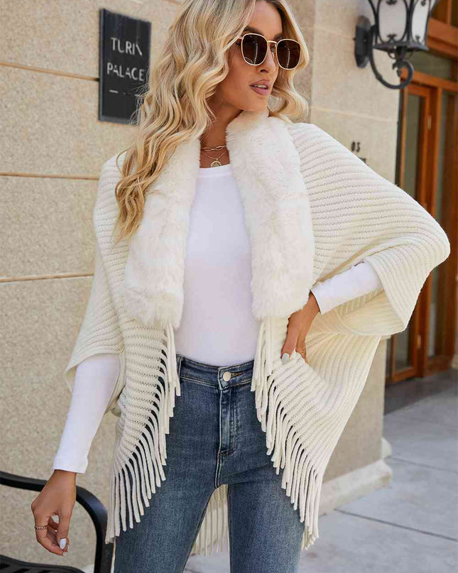 Fringe Detail Long Sleeve Ribbed Poncho
