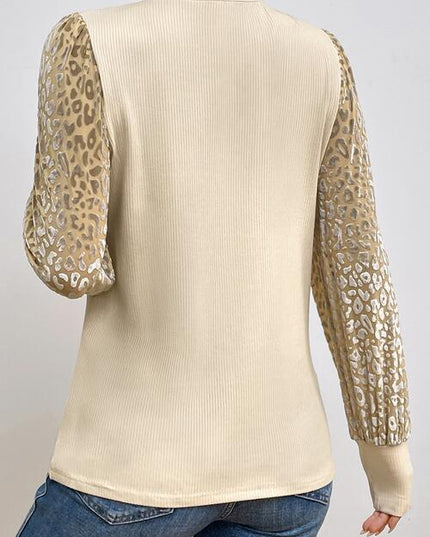 Leopard Print Long Sleeve Ribbed Knit Blouse