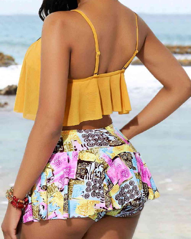 Two-Tone Ladder Cutout Ruffled Two-Piece Swimsuit