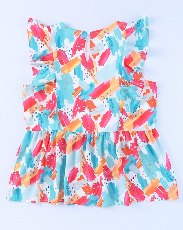 Printed Round Neck Ruffled Peplum Top