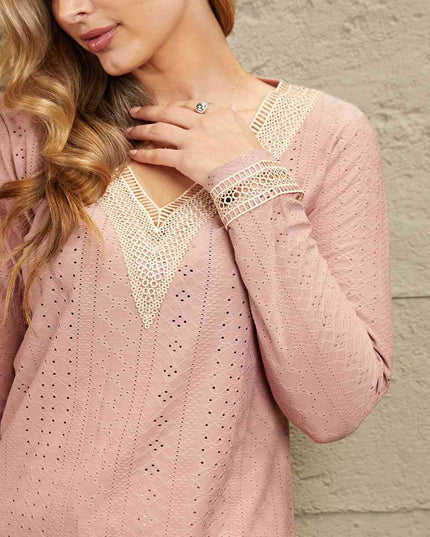 Double Take Contrast V-Neck Eyelet Long Sleeve Top