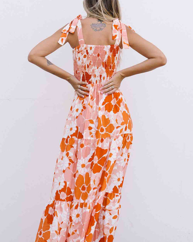 Floral Tie-Shoulder Smocked Maxi Dress