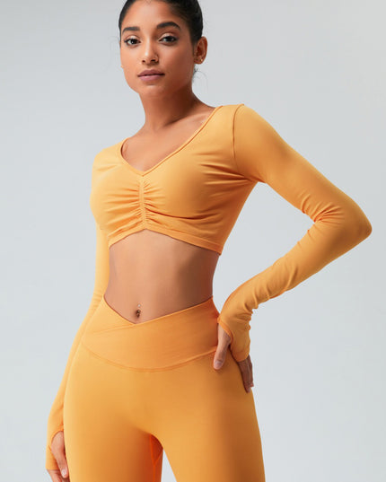 Ruched V-Neck Long Sleeve Active T-Shirt