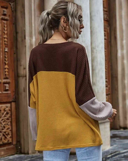 Color Block Waffle-Knit Long Sleeve Top
