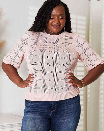Double Take Ribbed Trim Round Neck Knit Top