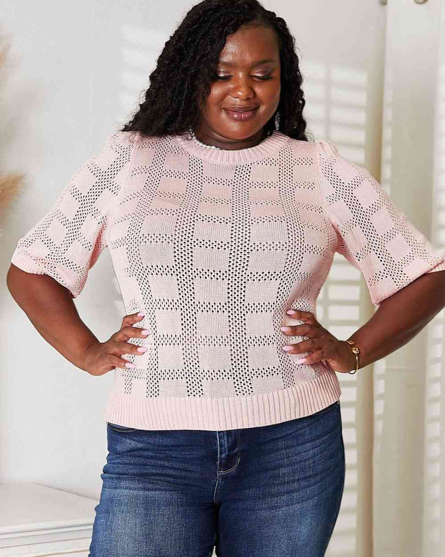 Double Take Ribbed Trim Round Neck Knit Top