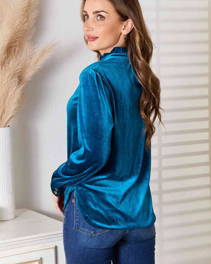 Double Take Notched Neck Buttoned Long Sleeve Blouse